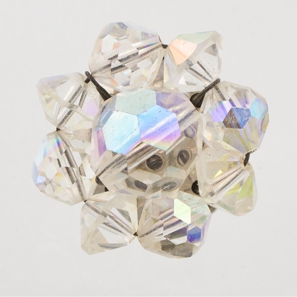 Vintage Aurora Borealis Crystal Beaded Clip On Earrings Iridescent Mid-Century - Picture 2 of 4